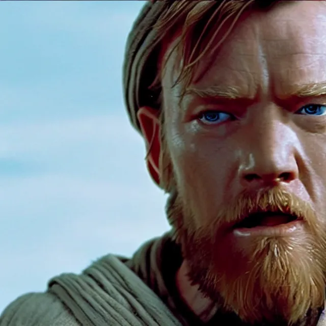 Image similar to still image of obi - wan kenobi sticking out his tongue and crossing his eyes, ewan mcgregor, live - action, star wars movie, cinematic