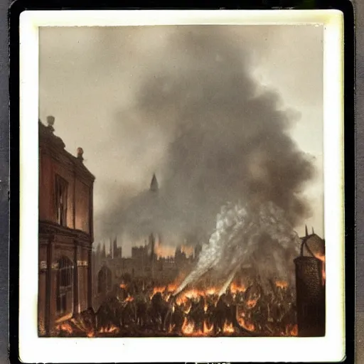 Image similar to a Polaroid photo of the great London fire of 1666, medieval London