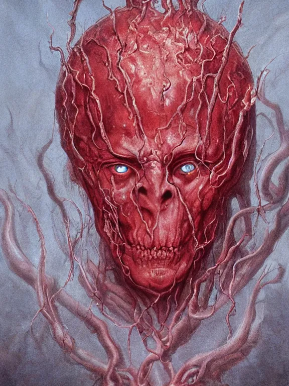 Image similar to painting by wayne barlowe of a flying sorrowful looking severed human head with tears running down it's eyes, face that is chalk white in color, with long sprawling white tentacles stemming down it's neck, fiery scorching red!!! eyes, flying in a terrying hellish dark scorching cave