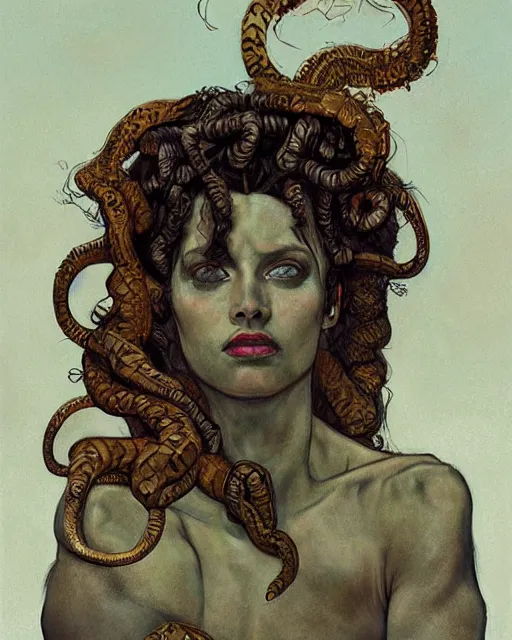 Image similar to portrait of a powerful medusa with many pythons by greg rutkowski in the style of egon schiele