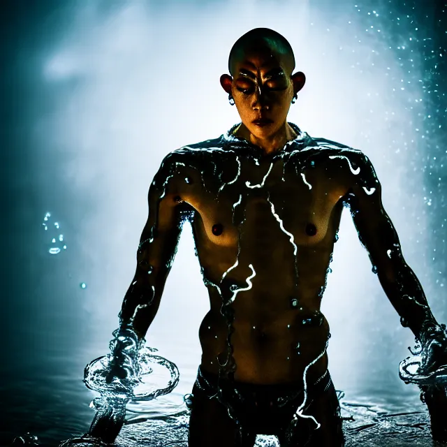 Prompt: cyborg monk water dance supreme water fist, detailed animal form water, fighting stance energy, shibuya prefecture, cinematic neon uplighting, fog mist smoke, photorealistic, night photography by tomino - sama