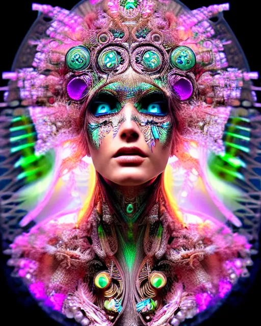 Image similar to hyperrealistic detailed portrait of a beautiful goddess in a cyber headdress, intricate cyberpunk neon make - up, art by ernst haeckel, nekro borja, alphonso mucha, h. r. giger, ornamental gothic - cyberpunk,