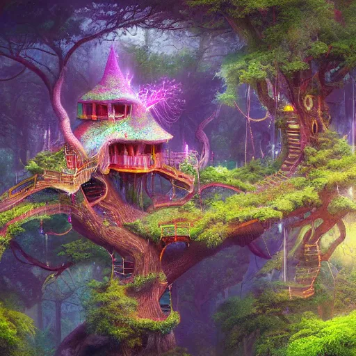 Prompt: detailed concept colorful fantasy painting of a transcendental treehouse, cinematic lighting, hyperdetailed, 8k, high resolution, insanely detailed and intricate, octane render