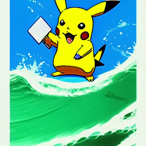 Image similar to pikachu surfing on a wave made of green slime, pokemon tcg image, trending on artstation