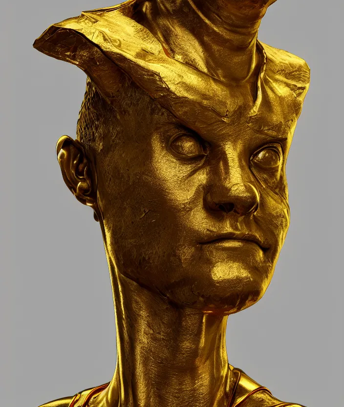 Image similar to a portrait of a stoic statue wearing a neck collar made of gold, cyberpunk, aesthetic, naturel, hyper detailed, digital sculpture, trending in artstation, cinematic lighting, studio quality, smooth render, unreal engine 5 rendered, octane rendered, art style by klimt and nixeu and ian sprigger and wlop and krenz cushart