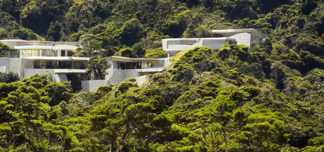 Image similar to castle designed by renzo piano overlooking big sur. landscape design by roberto burle marx.