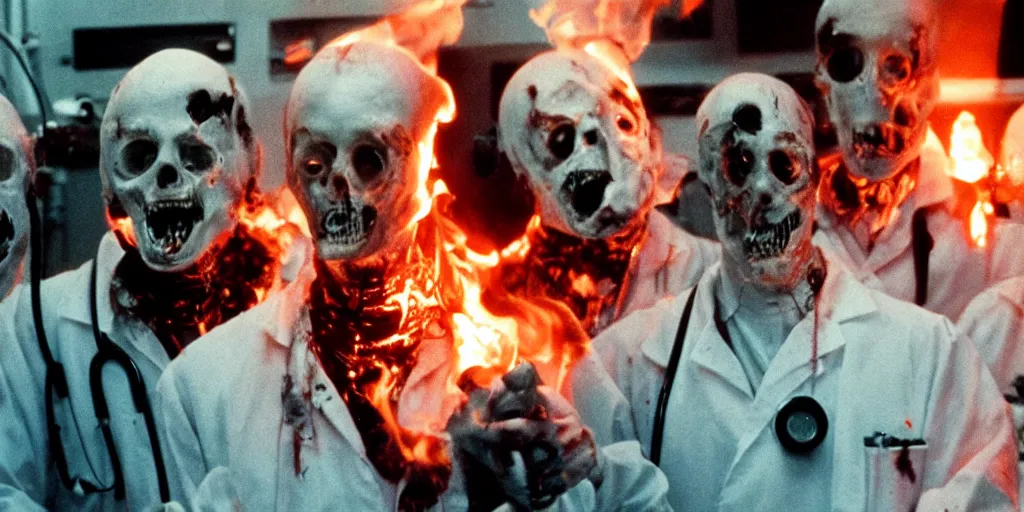 Image similar to filmic closeup dutch angle movie still 4k UHD 35mm film color photograph of 3 doctors burning alive inside of a science lab, melted and charred flesh, screaming in agony, in the style of a 1980s horror film