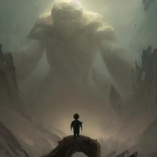 Prompt: a beautiful terrifying pale humanoid giant looms over a tiny human. ethereal fantasy art by greg rutkowski