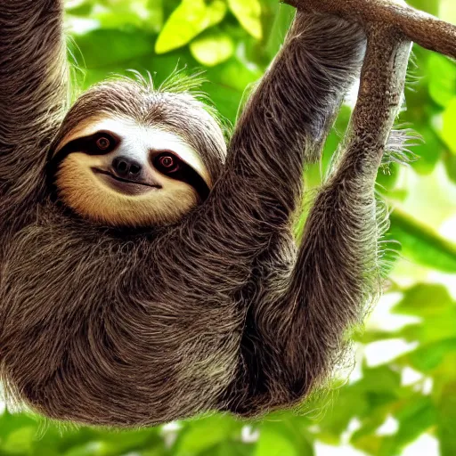 Image similar to an energetic young sloth with big eyes swinging on a vine