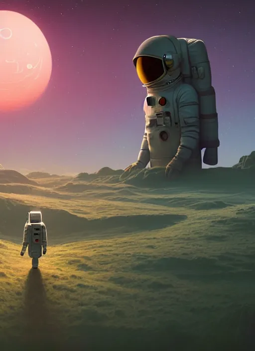 Prompt: a lonely astronaut overlooking at an amazing alien landscape and the universe, digital art, breathtaking, golden ratio, extremely detailed, establishing shot, hyperrealistic, cinematic lighting, particles, unreal engine, simon stålenhag, rendered by Beeple, Makoto Shinkai, syd meade, simon stålenhag, Ruan Jia, Kentaro Miura, environment concept, artstation, octane render, 4K UHD image