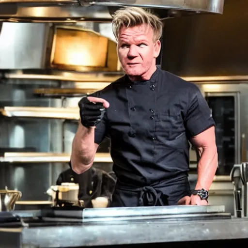 Prompt: gordon ramsay has the terminator cyborg and a movie still