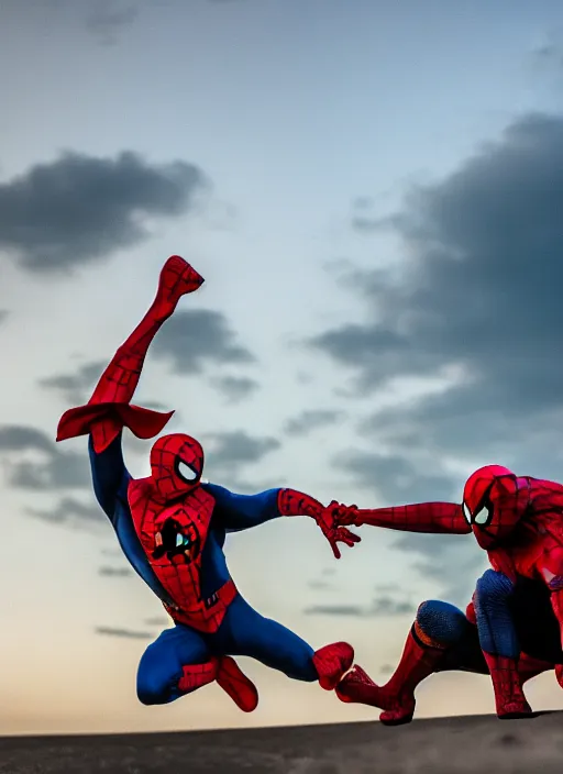 Image similar to photo of spiderman fighting batman , 35mm, f/1.4, Golden Hour light, ,