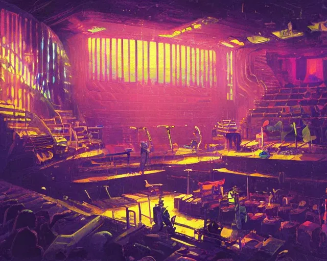 Image similar to IKEA catalogue photo of a cyberpunk concert hall, by Paul Lehr