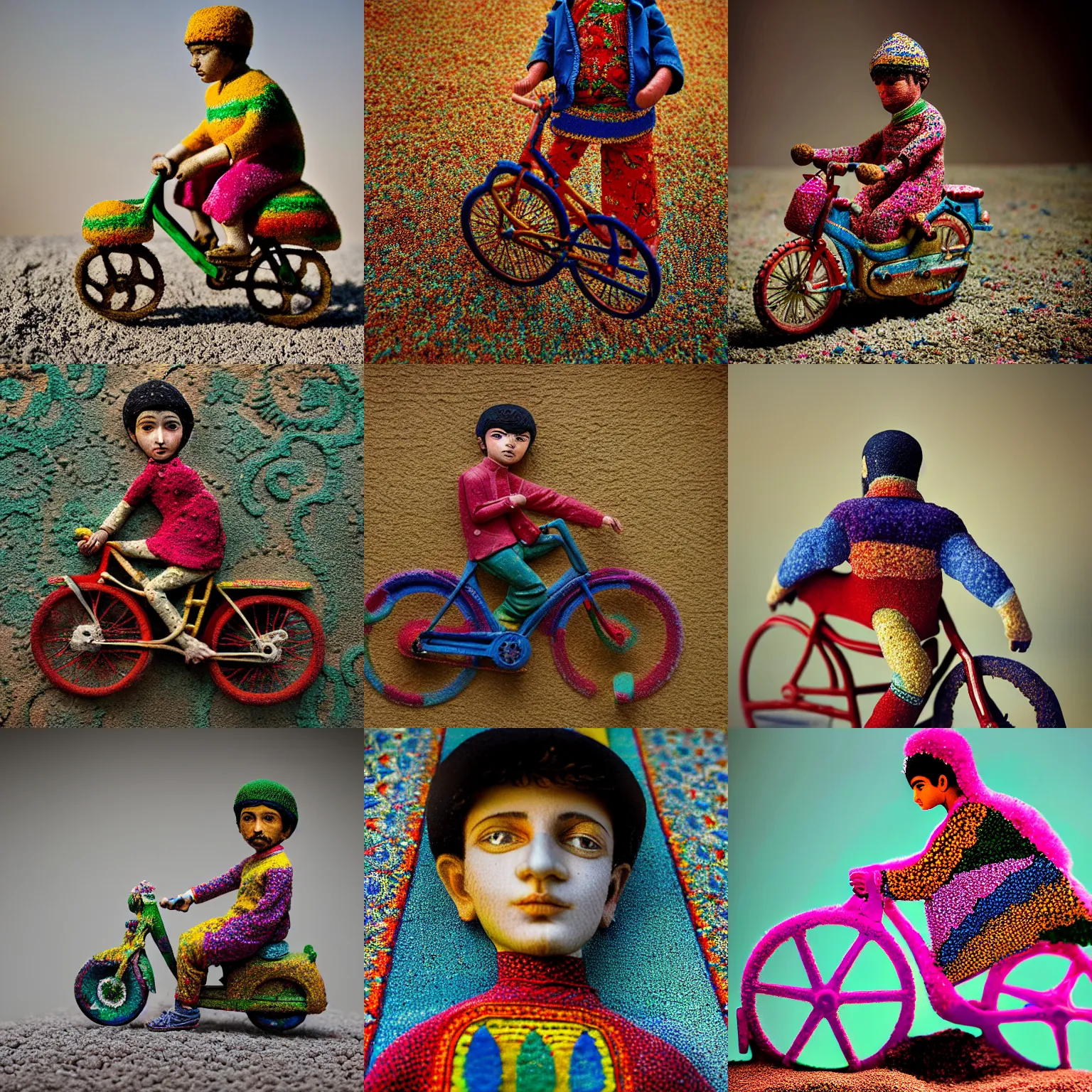 Image similar to portrait of a carpeted figurine of Iranian child on a bike, colourful, detailed, depth of field, intricate, delicate, by Jonas Jensen, Magnum photos