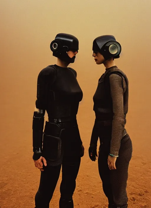 Prompt: cinestill 5 0 d photographic portrait by helen levitt of two loving female androids wearing rugged black mesh techwear on a desolate plain, extreme closeup, modern cyberpunk, dust storm, 8 k, hd, high resolution, 3 5 mm, f / 3 2, ultra realistic faces, ex machina