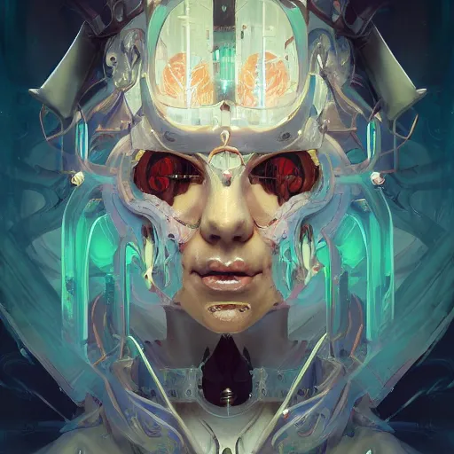 Prompt: a portrait of a satanic cybernetic illuminati occultist, cyberpunk concept art by pete mohrbacher and wlop and artgerm and josan gonzales, digital art, highly detailed, intricate, sci-fi, sharp focus, Trending on Artstation HQ, deviantart, unreal engine 5, 4K UHD image