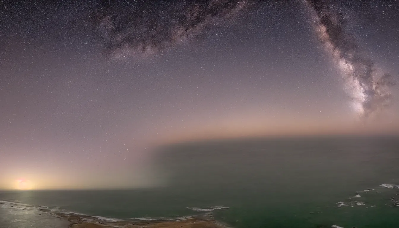 Image similar to coast of Lima, Peru at dusk with a Milky Way sky photographed in 4K, photorealistic