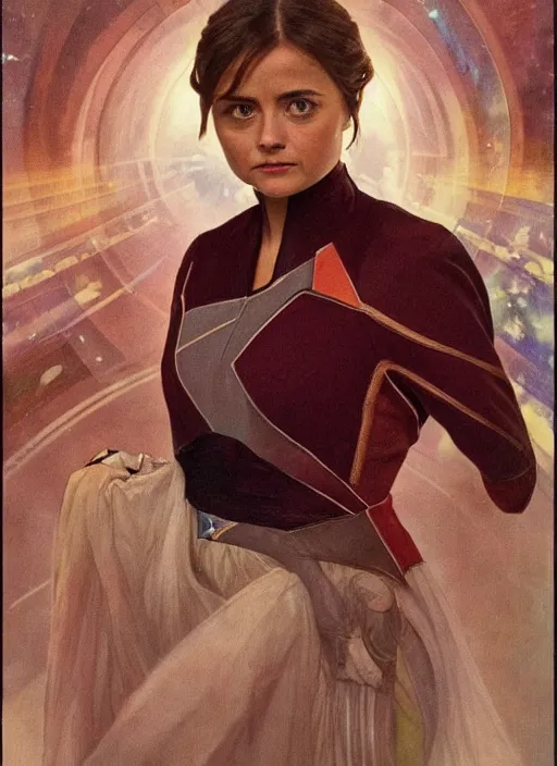 Image similar to jenna coleman as a star trek captain, a still from star trek painted by alphonse mucha. clear highly detailed face, beautiful sci fi art