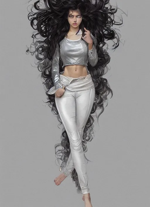 Image similar to girl in very short white! top and very short gray! leather jacket, open belly, long dark curly hair, high waist sweatpants, intricate, elegant, highly detailed, digital painting, artstation, concept art, smooth, illustration, art by artgerm and greg rutkowski and alphonse mucha