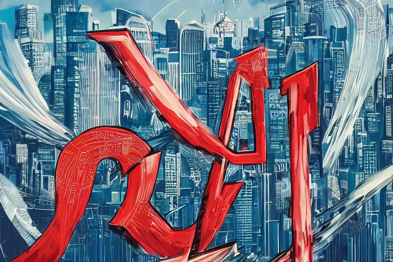 Prompt: an epic comic book style painting of the uppercase letter x towering over the world, the letter x, giant font, massive lettering, future tokyo cityscape with ribbons, banners and ribbons, cursive ribbons across the sky, trending on artstation, dynamic lighting