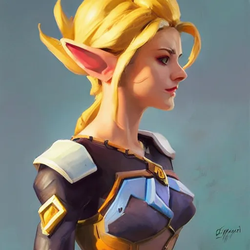 Image similar to greg manchess portrait painting of zelda as overwatch character, medium shot, asymmetrical, profile picture, organic painting, sunny day, matte painting, bold shapes, hard edges, street art, trending on artstation, by huang guangjian and gil elvgren and sachin teng