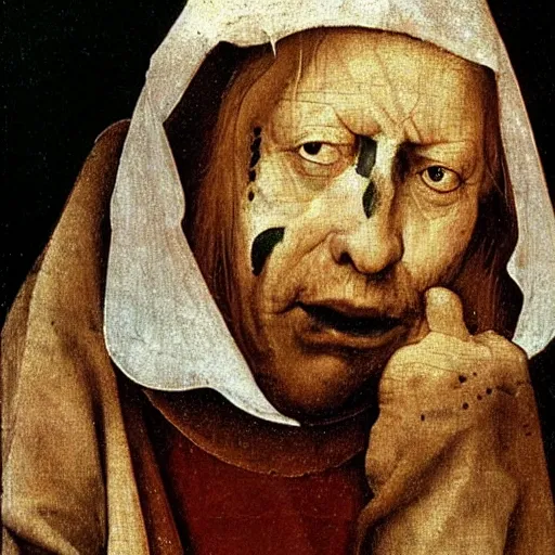 Image similar to close up on queen elizabeth face painted as a poor beggar by hieronymus bosch