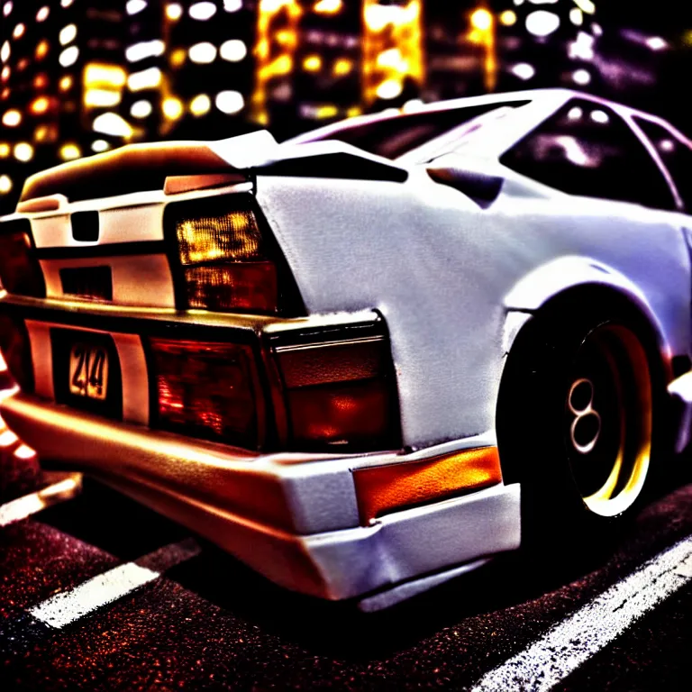 Image similar to medium-close-up Toyota Celica turbo illegal street meet, detailed-wheels, Shibuya Shibuya, cinematic colors, photorealistic, highly detailed, night photography