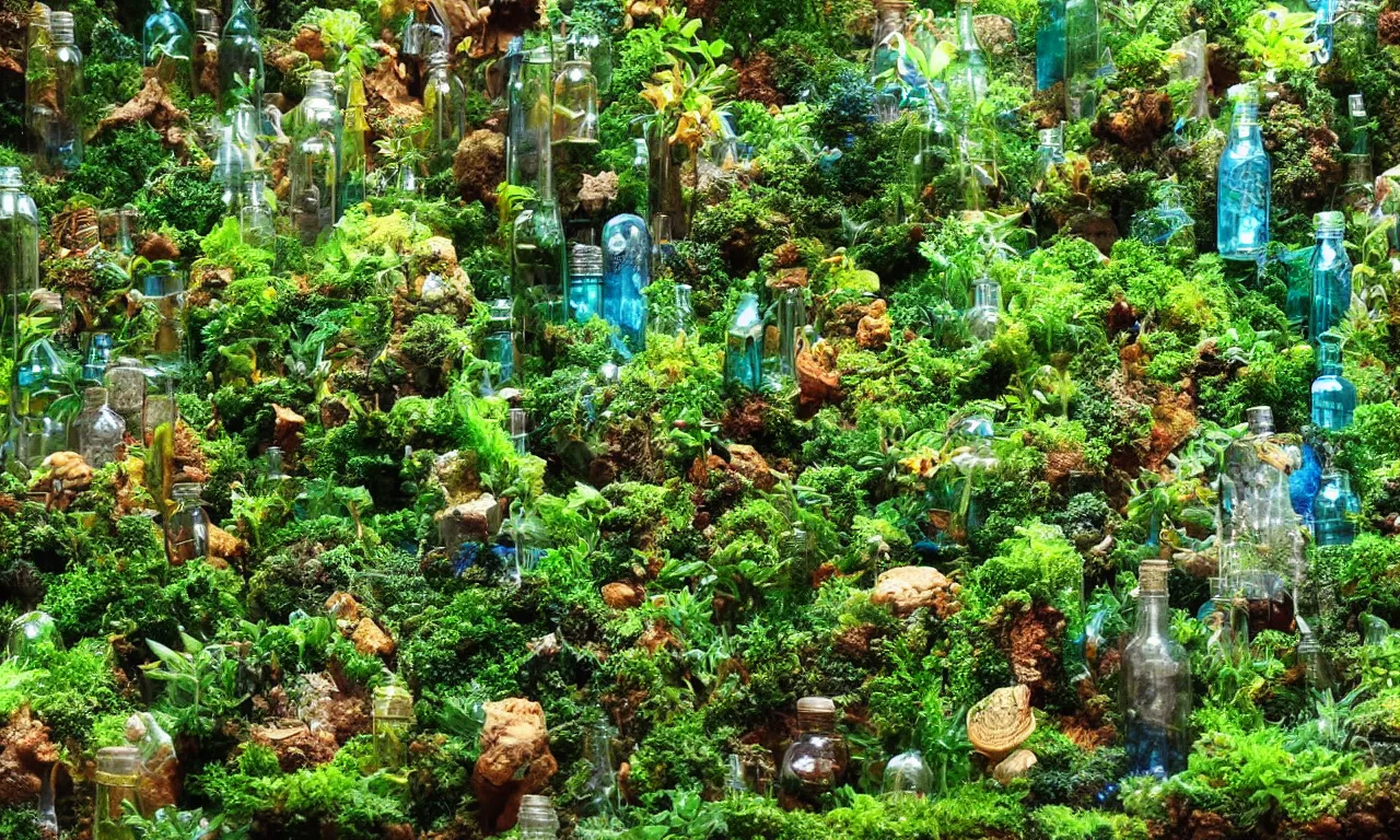 Image similar to terrarium worlds made of lush rainforests in mccartney bottles 8 k /