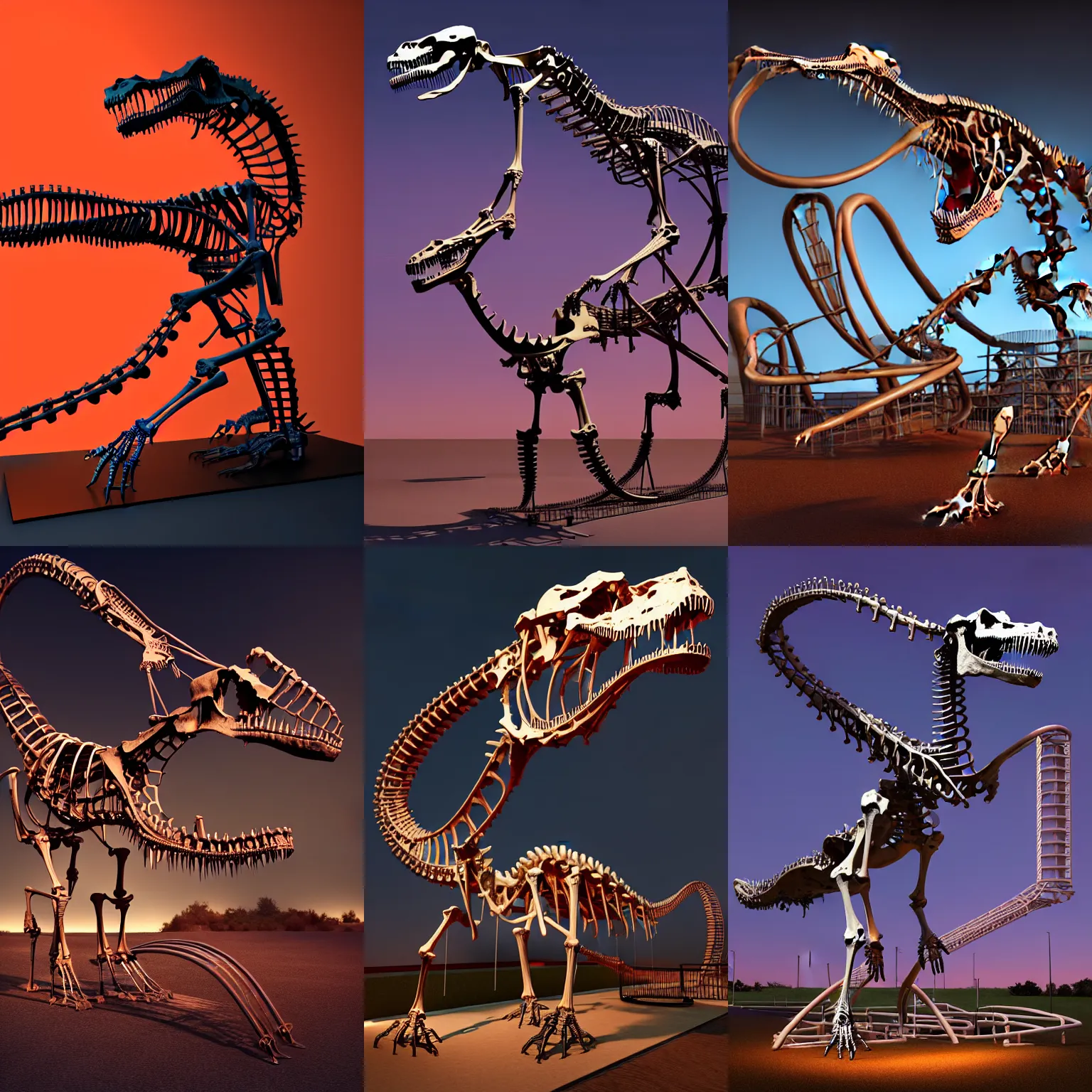 Prompt: Simple bionic exploded drawing dinosaur skeleton sculpture made from rollercoaster, with big chrome tubes, chains organs, by david lachapelle, by angus mckie, by rhads, in a dark empty black studio hollow, c4d, at night, rimlight, rimight, rimlight, c4d, blender donut tutorial, octane