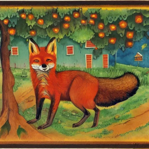 Prompt: a smug red fox in front of a hen house, watercolor illustration by Louis William Wain,