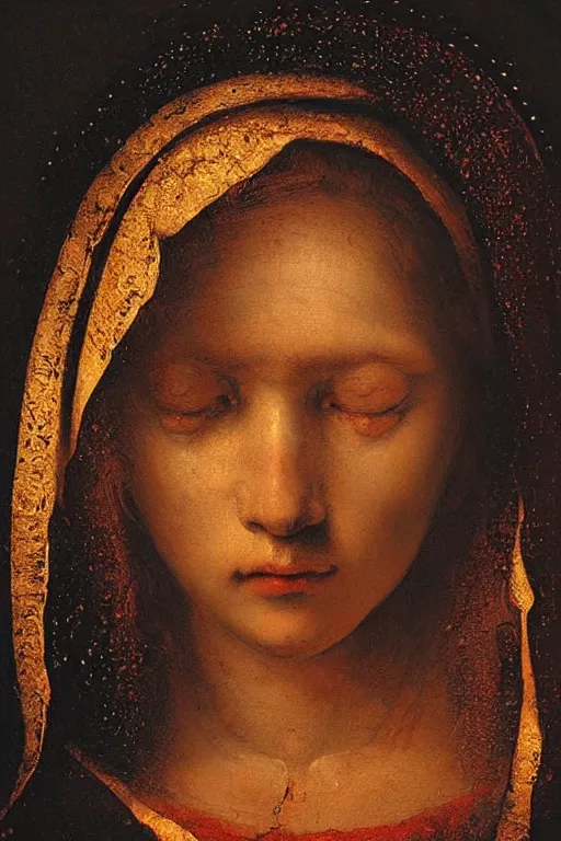 Prompt: extreme close-up portrait of crying virgin mary in darkness, red tears, in style of classicism, hyper detailed, golden frame, rembrandt