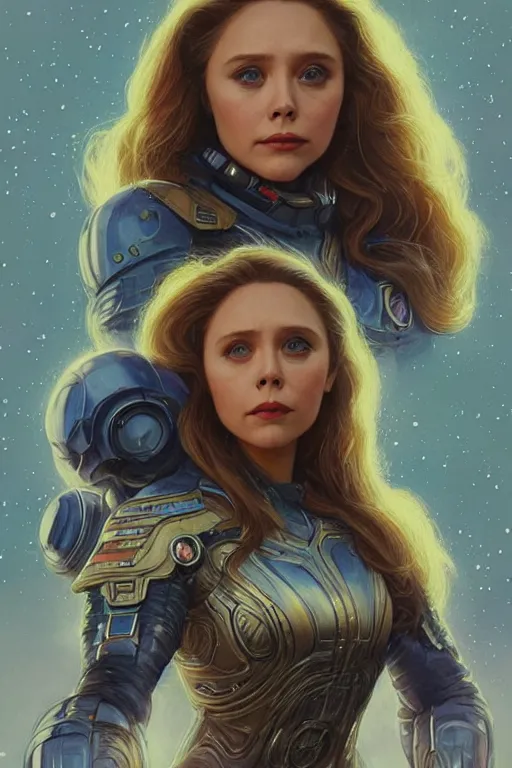 Prompt: young Elizabeth Olsen as a ruggedly beautiful retro SCI-FI space heroine 1985 , intricate, elegant, highly detailed, centered, digital painting, artstation, concept art, smooth, sharp focus, illustration, art by artgerm and donato giancola and Joseph Christian Leyendecker, Ross Tran, WLOP