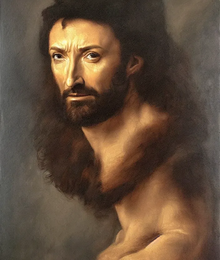 Prompt: oil painting half-lenght portrait of Hugh Jackman by Leonardo da Vinci