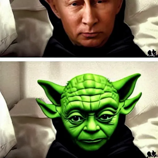 Image similar to putin sleeping in bed next to yoda