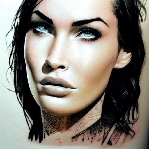 Image similar to hyper realistic tattoo sketch of megan fox face double exposure effect with a mountain scenery, in the style of matteo pasqualin, amazing detail, sharp