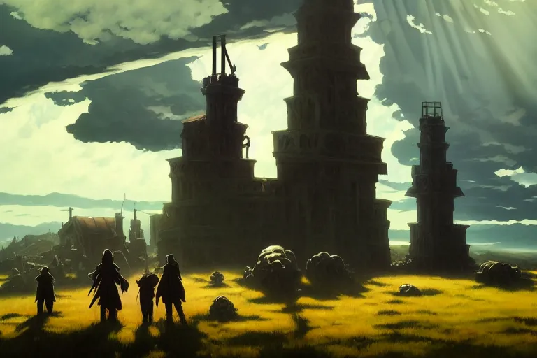 Prompt: anime key visual of grimdark fantasy world, open battlefield plains, overcast sky with sunrays between clouds, tower of skulls, style of jamie wyeth james gilleard edward hopper greg rutkowski acrylic painting, oil on canvas, preserved museum piece, historical