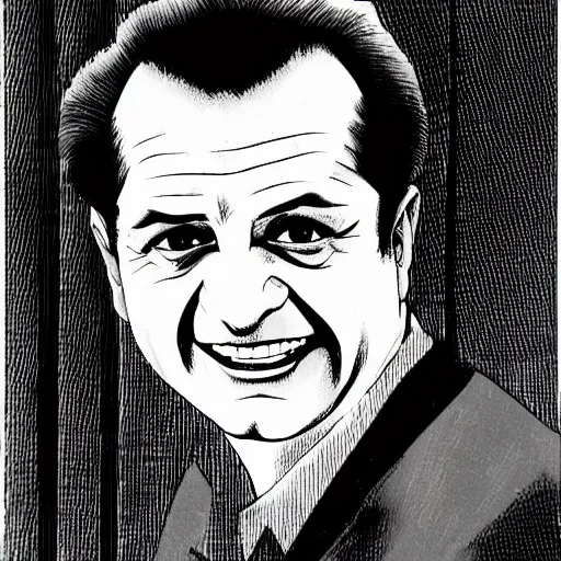 Image similar to Joe Pesci drawn in a black and white manga panel, art by Nobuyuki Fukumoto