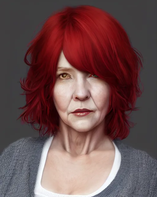 Image similar to portrait of happy short and plump 5 0 - year - old woman with red hair and, kind face, short hair, wearing in cardigan, hyper realistic face, beautiful eyes, character art, art by mark brooks, hyperdetailed, cryengine, trending on artstation, digital art