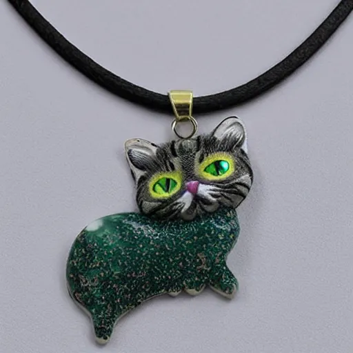 Image similar to solidity and eternity embroidered tabby cat necklace with jade stone, hyper realistic