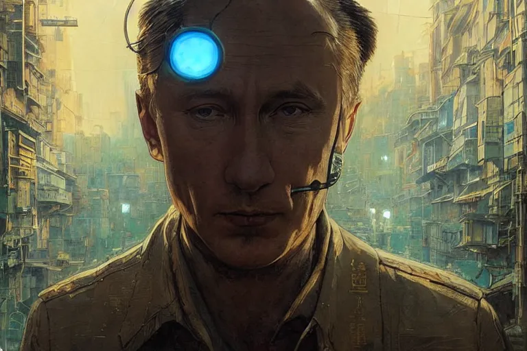 Image similar to A solarpunk very highly detailed Putin with very highly detailed face on the street of a very highly detailed smooth solarpunk city digital concept art by Greg Rutkowski, neofuturistic highly detailed, digital concept art, Dimensional cyan gold natural light, sharp focus, Golden Ratio illustration, realistic concept art by Stephen Hickman and James Gurney and Hiromasa Ogura Ghost in the Shell rendered in Octane Render, From the distance