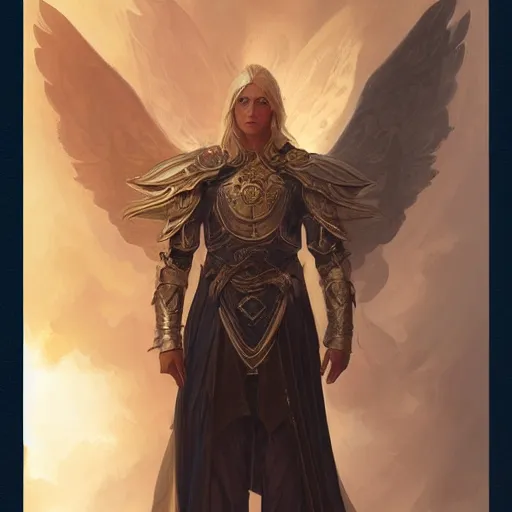 Image similar to portrait of a floating winged aasimar paladin blond young man with amber eyes strong, sofisticated, fantasy, highly detailed, digital painting, artstation, concept art, character art, art by greg rutkowski and tyler jacobson and alphonse mucha