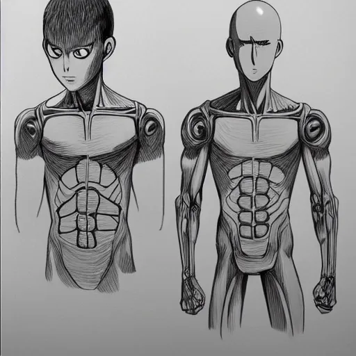 Image similar to anatomical, labelled, medical drawing of saitama, one punch man anime style