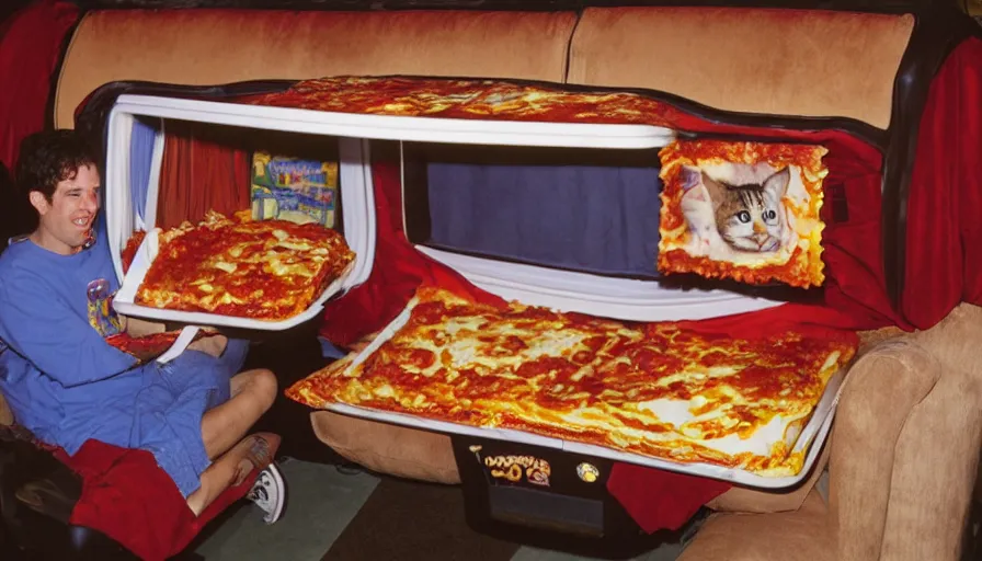 Image similar to 1990s photo of inside the Garfield Mystery Lasagna ride at Universal Studios in Orlando, Florida, riding a box with a blanket with Garfield the cat through a living room filled lasagna and coffee cups, cinematic, UHD