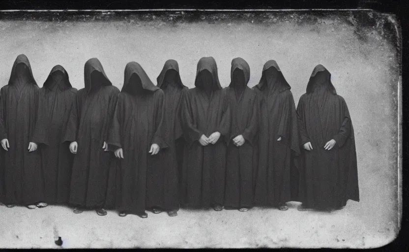 Prompt: a old daguerreotype photo of a group of cultists, wearing robes, wearing hoods, on a pilgrimage to hell, grainy, old photo, golden ratio, scary, horror photography, 5 0 mm lens, f 1. 8