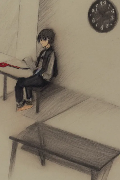 Prompt: anime drawing, a student sitting looking at the clock on the wall