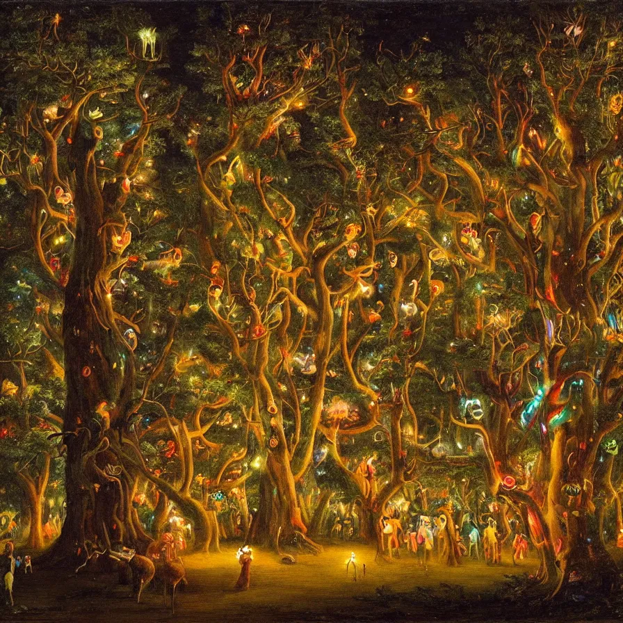 Prompt: a night carnival around a magical tree cavity, with a surreal orange moonlight and fireworks in the background, next to a lake with iridiscent water, christmas lights, folklore animals and people disguised as fantastic creatures in a magical forest by summer night, masterpiece painted by jean - baptiste perronneau, dark night environment