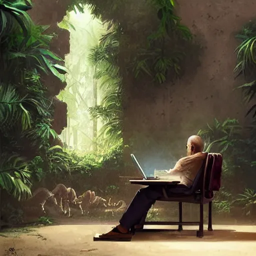 Prompt: a man sitting at a computer, as jungle animals come out of the wall, painting by Greg Rutkowski