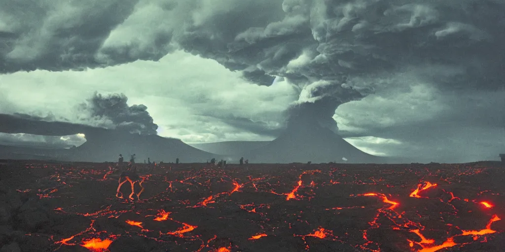 Prompt: A levitating crowd of people made from bright glowing volcanic stones floating in the air, storm clouds raining bright lava from the sky, Swelling waves, 8k photorealistic, dramatic lighting, chiaroscuro, William Eggleston