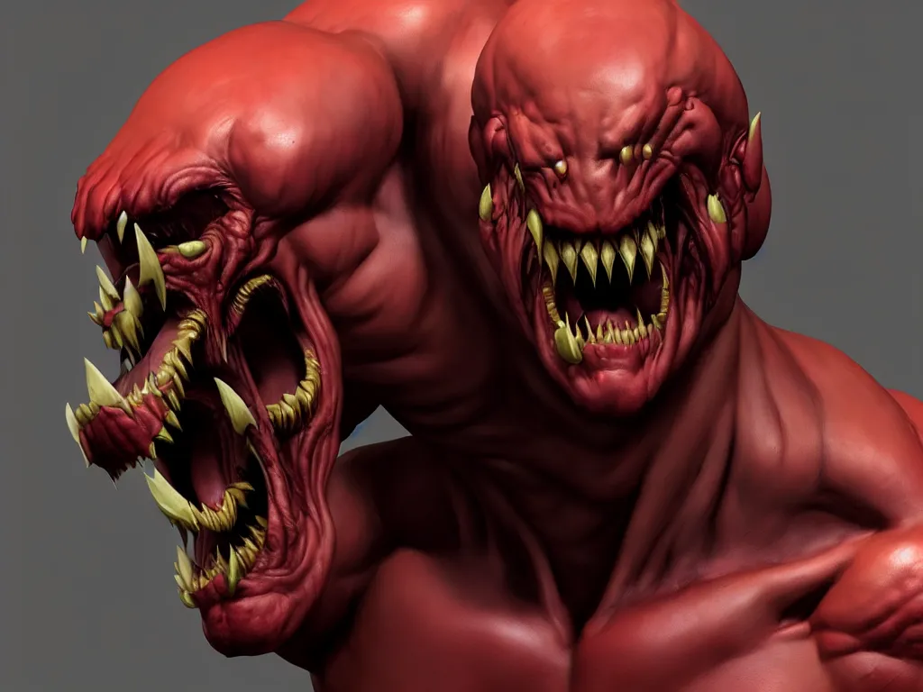 Image similar to doom, muscular body, chiroptera head, chiroptera ears, big sharp teeth, hyperrealism, artstation, cgsociety, zbrush, no background