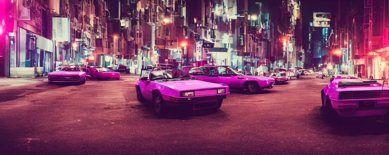 Image similar to 80s sports cars parked on deserted city street at night time purple lighted street retro-wave vibes grainy soft motion blur, cinematic, low wide angle shot